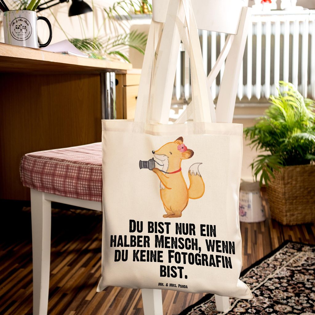 Mr. & Mrs. Panda Tote Bag Fotografin Herz - Transparent - Geschenk, Jutetasche, Ausbildung, Hobbyfotografin, Laptoptasche, Jutebeutel, Lustig, Uni ...