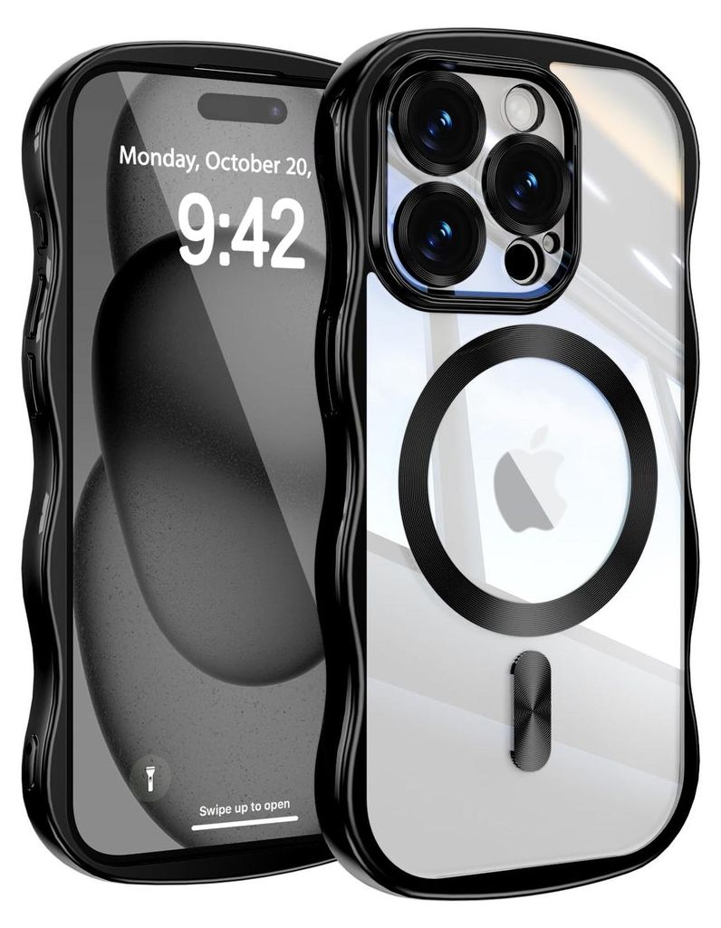 Magnetisch Hülle für iPhone 13 Pro, Wellen Überzug Bumper Transparent Stoßfeste Handyhülle mit Kameraschutz Schwarz