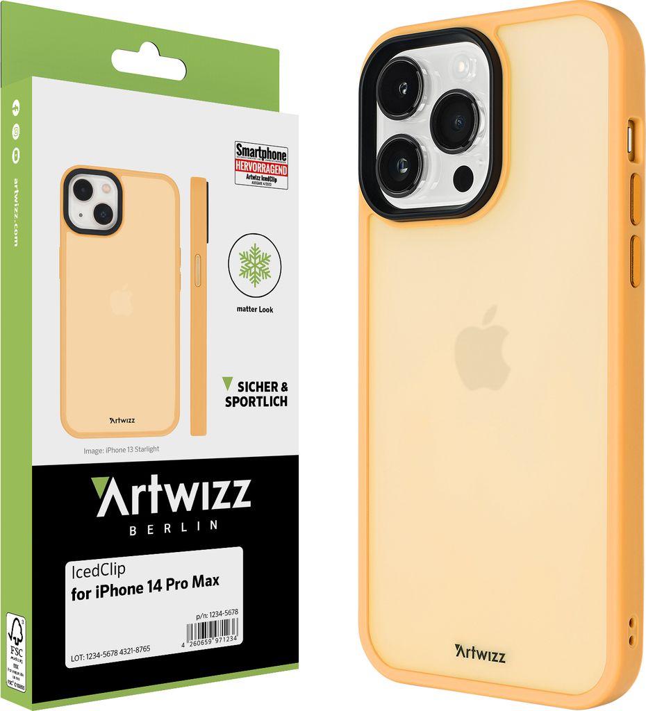ARTWIZZ IcedClip für iPhone 14 Pro Max - Matte Schutzhülle mit transluzenter Rückseite, Tiger-Orange