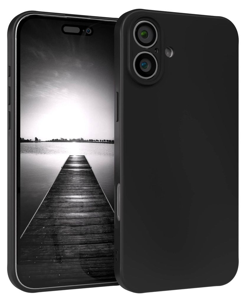 A black smartphone case is shown with the phone inside, displaying a black and white image of a pier.