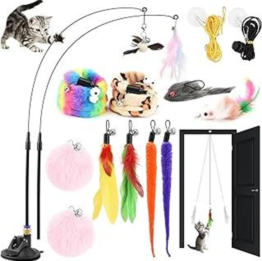 Gioco Interattivo Gatti 17pz: Canna Pesca con Ventosa e Piume Ricambio