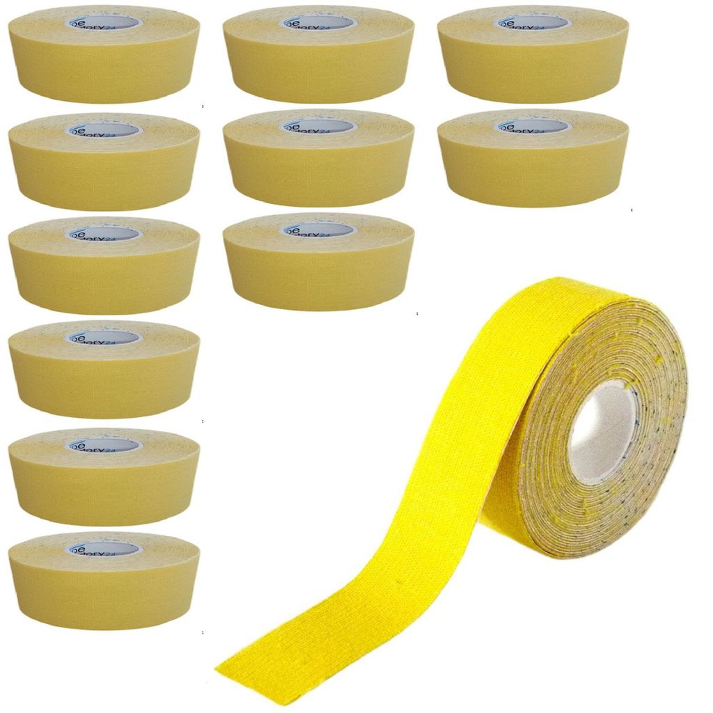 12 Rollen - Tapefactory24 Getting Started Kinesiologie Tape 2,5cm x 5m - gelb, Tapes Taping Klebeband Tapeverband Bandage wasserfest