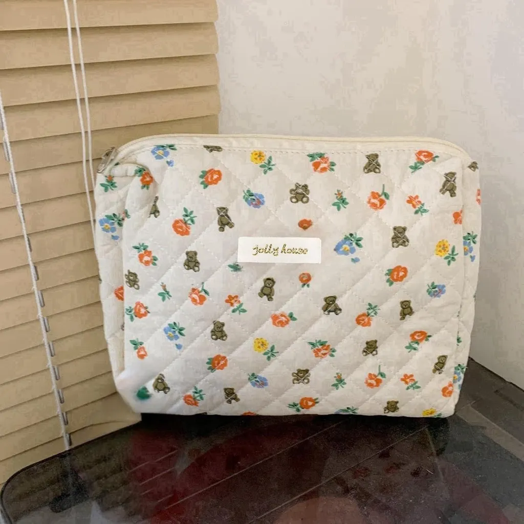 Trousse de maquillage matelassée en coton fleuri, grand format voyage
