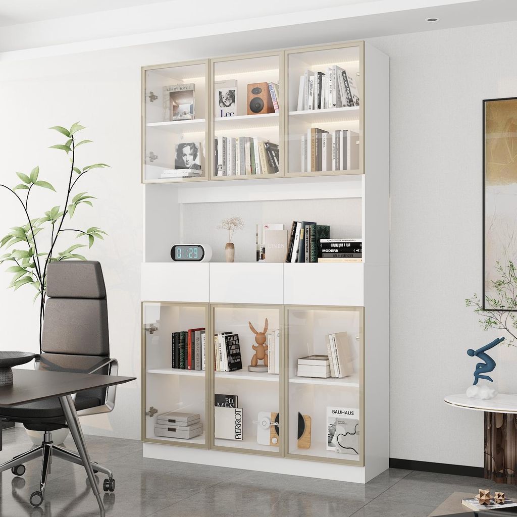 Weißer Vitrinenschrank mit 6 Glastüren & 3 Schubladen 120x36x200cm, Gold-Alurahmen, 3-Farben-LED, Drucköffner für Wohnzimmer & Büro