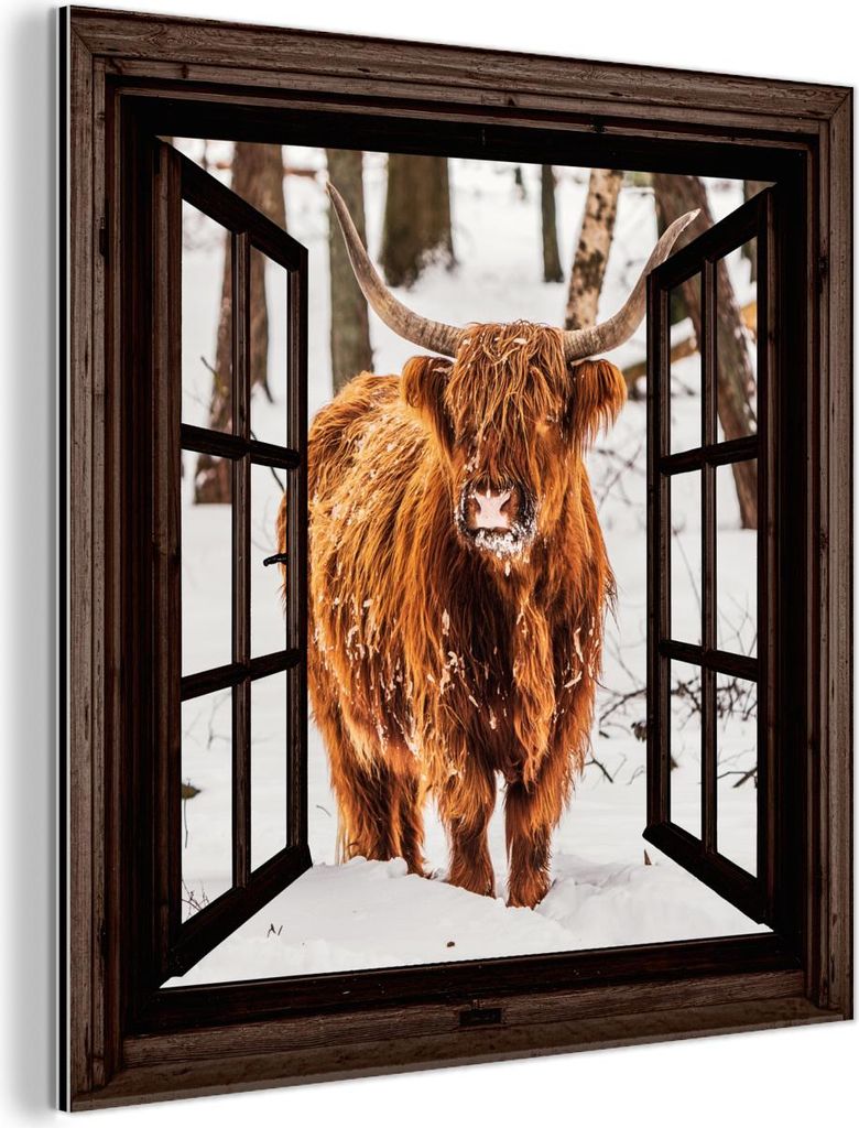 MuchoWow Wanddekoration Metall Metallbild Wandkunst 50x50 cm Schottisches Hochlandrind - Schnee - Natur - Tiere - Durchsichtig - Winter MuchoWow Al...