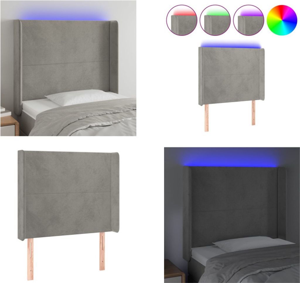 vidaXL LED Kopfteil Hellgrau 93x16x118/128 cm Samt - LED Kopfteil - LED Kopfteile - Kopfteil - Bett-Kopfteil