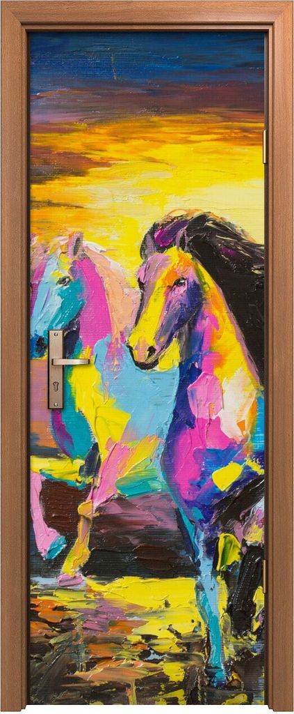 Türposter 70x200 cm Türaufkleber Türtapete Türfolie Klebefolie bunte Pferde laufen Sonnenlicht