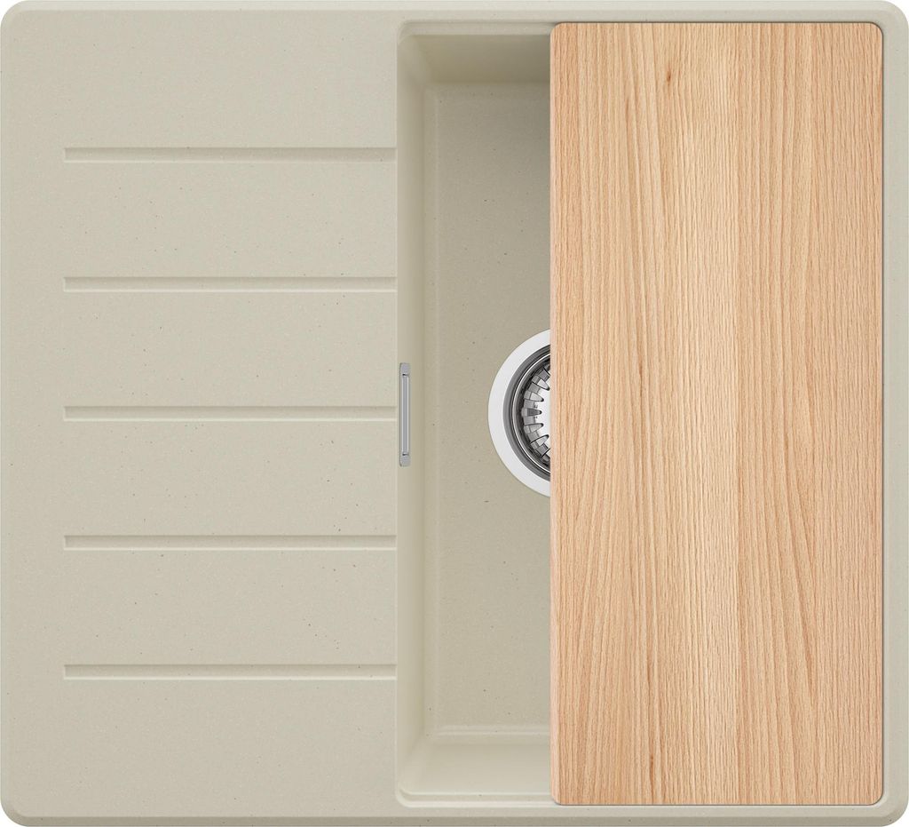 PRIMAGRAN Spülbecken Beige 55x50cm, Granitspüle 1 Becken + Ablauf-Set + Schneidebrett, Küchenspüle ab 40er Unterschrank - Kopenhagen