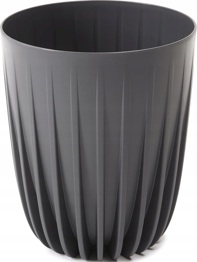A single dark gray planter pot with a ribbed texture.