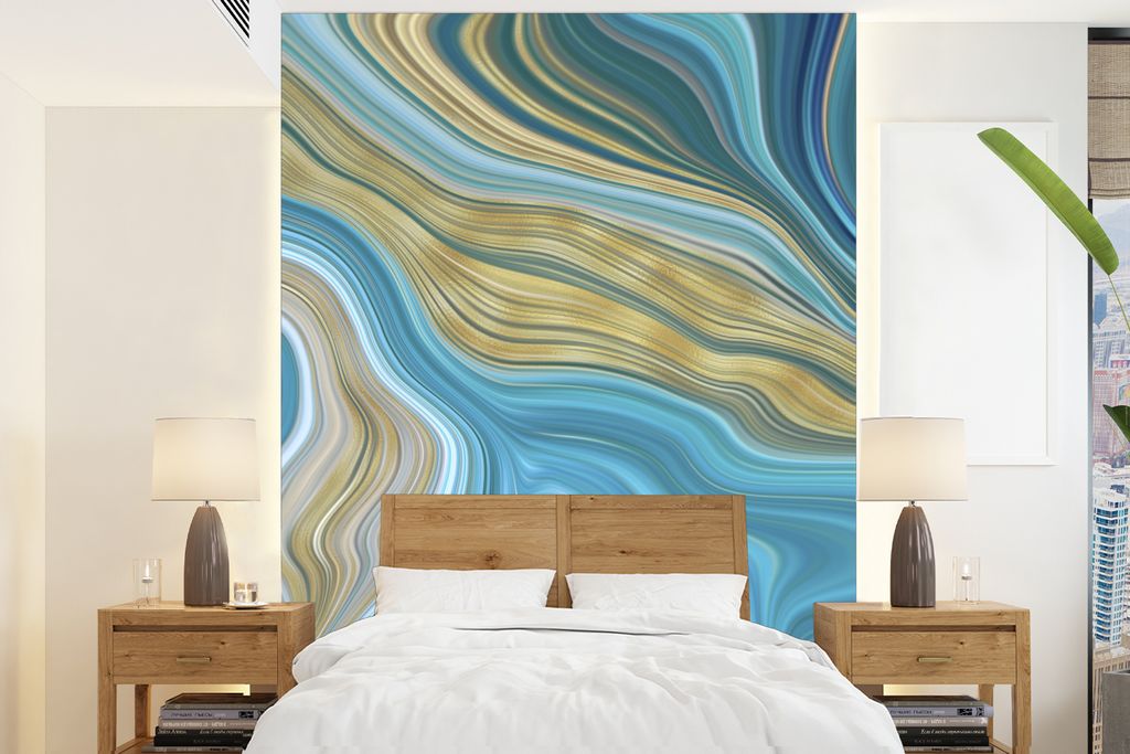 MuchoWow Fototapete für Wohnzimmer oder Schlafzimmer Wandtapete Vinyl Motivtapete Marmor - Wellen - Gold - Muster - 165x220 cm - Wanddekorationen