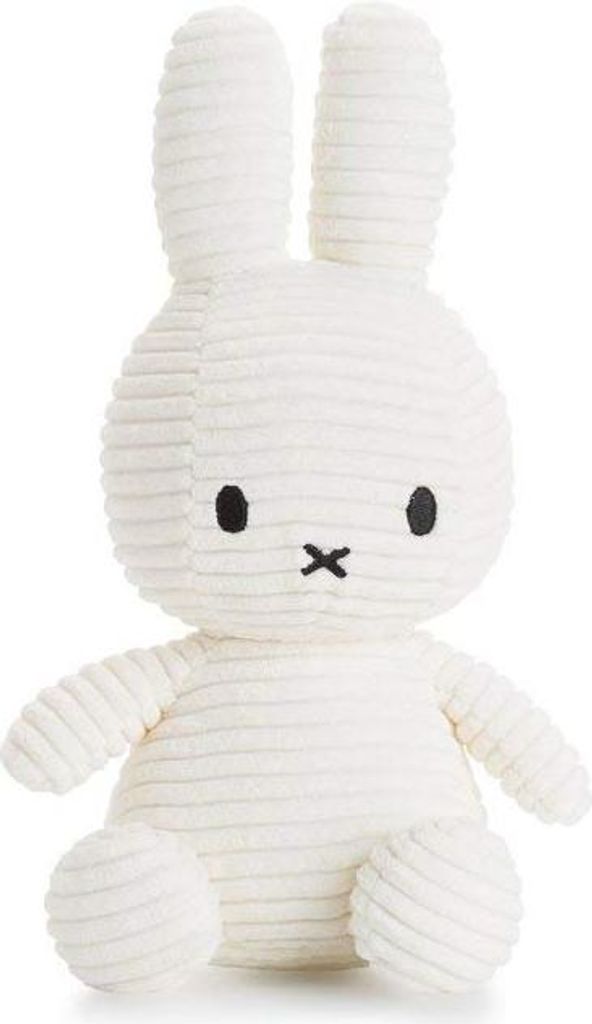 A white corduroy Miffy plush toy is shown against a white background.