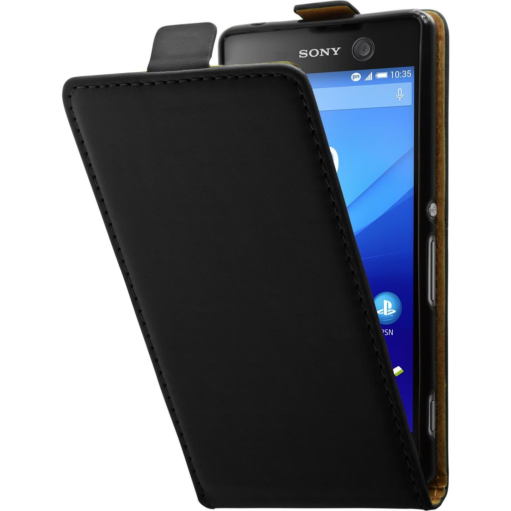 PhoneNatic Kunst-Lederhülle kompatibel mit Sony Xperia M5 - Flip-Case schwarz + 2 Schutzfolien