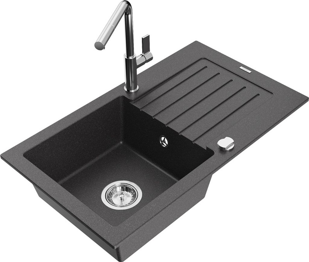 Mexen Pablo 1 Becken-Granitspüle mit Abtropffläche und Mischbatterie Flora, Schwarz gesprenkelt - 6510-76-670401-00