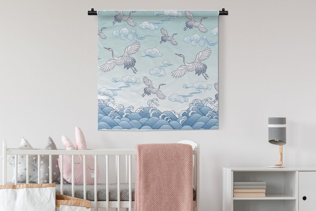 MuchoWow Wandteppich Wandbehang Malerei chinesischer Kraniche 90x90 cm Tapisserie Dekoration Wandtuch - Wandaufhänger