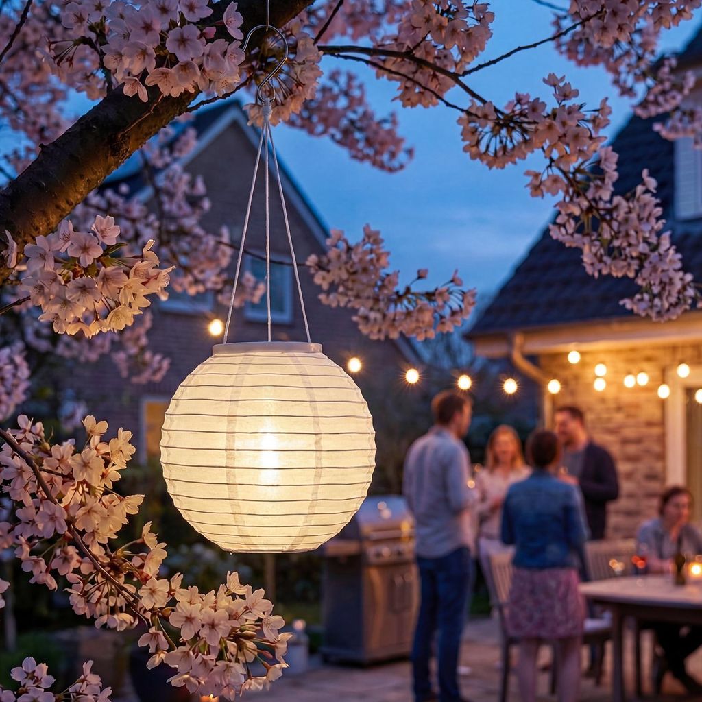 LED Solar Lampion - warmweiße LED - H: 10cm - D: 15cm - Lichtsensor - weiß