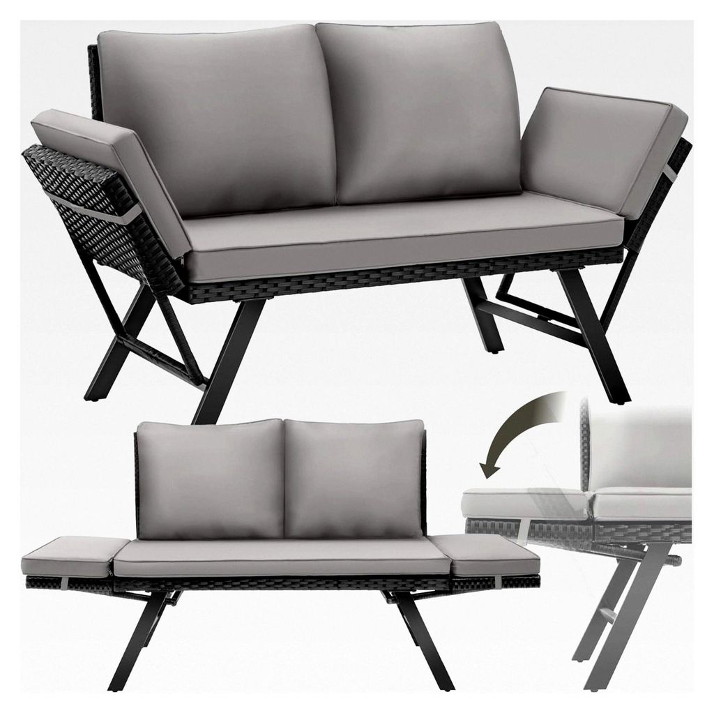 Rattan Loungesofa und Sonnenliege, Gartenmöbel, Lounge Möbel für den Außenbereich, Sitzbank mit Schlaffunktion, Couch mit klappbaren Armlehnen,...