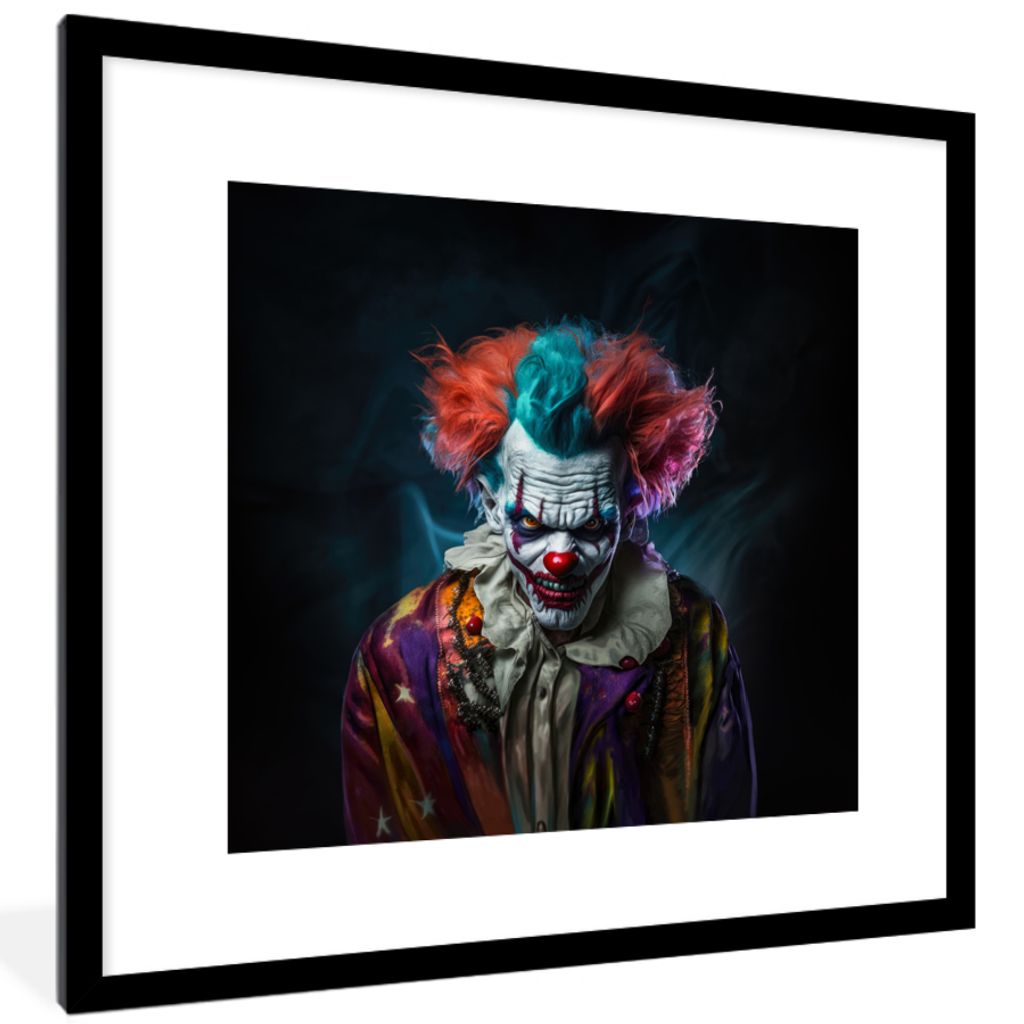 MuchoWow Gerahmtes Poster Clown - Make-up - Kostüm - Porträt - Horror 40x40 cm - Poster mit Schwarzem Bilderrahmen Wandposter Rahmen Foto Bilde...