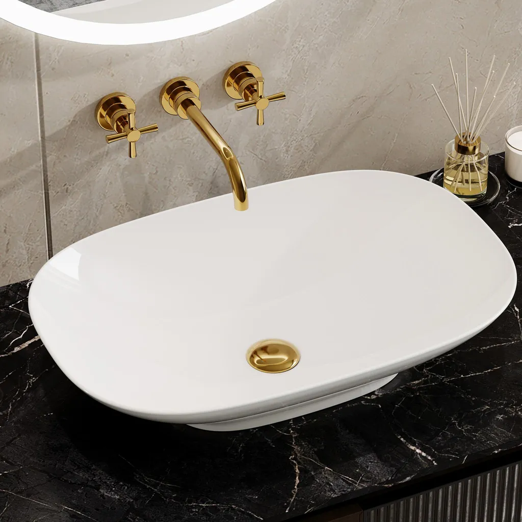Lavabo Ovale HOROW 60x40cm in Ceramica Bianca Bordo Sottile 5mm