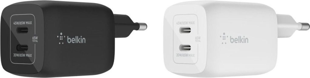 Two Belkin BoostCharge Pro power adapters, one black and one white, are shown side-by-side against a white background.