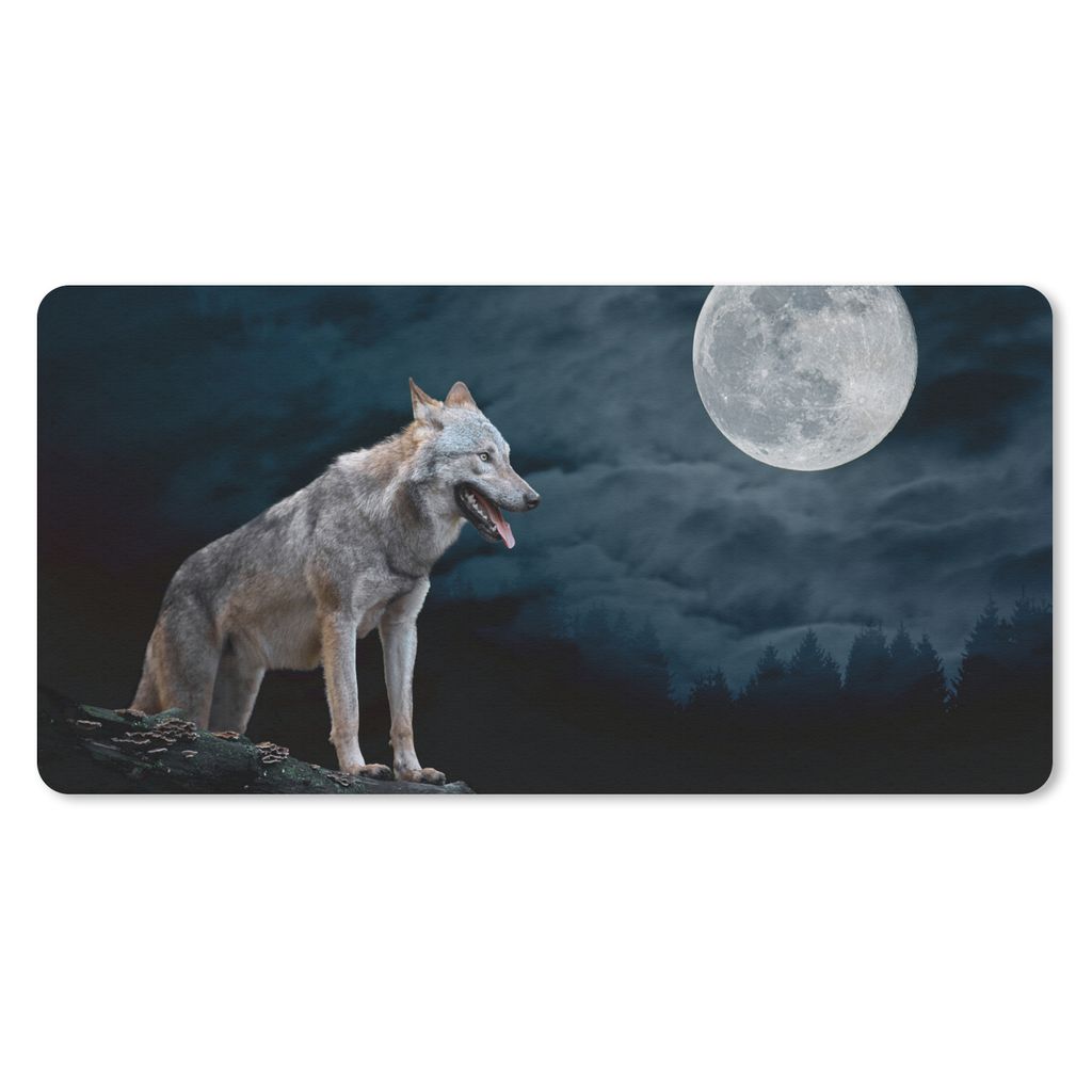 MuchoWow Schreibtischunterlage Wolf - Mond - Nacht - Tiere - Porträt 80x40 cm - XXL Mauspad - Gaming Mauspad