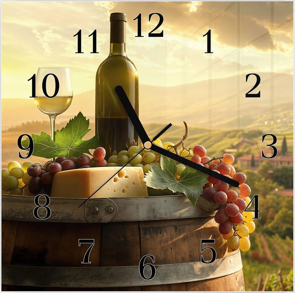 Wanduhr aus Glas mit Motiv Weinland Idylle- 30 x 30 cm - inkl. Aufhängesystem