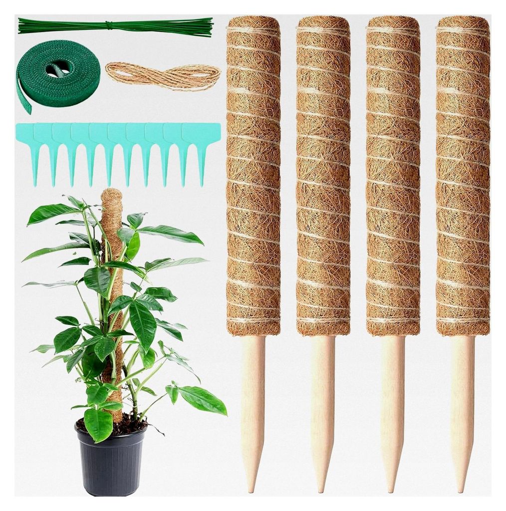4 Stück Monstera Rankhilfe, 42 cm Kokosstab mit 10 Pflanzenetiketten, 20 Eisendrahtbindern, 2 m Klett-Kabelbinder und 2 m Hanfseil für verschiede...