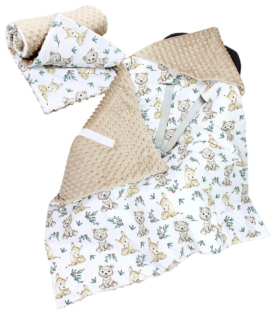 TupTam 2er SET Baby Decken Einschlagdecke 85x85 cm für Autositz Babyschale Babydecke Wiegendecke Minky Baumwolle, Farbe: Rehlein / Bären / Beige ...