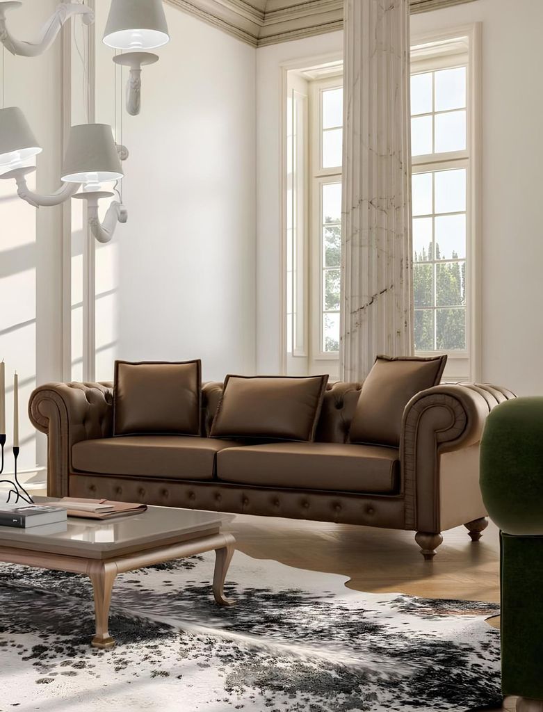 Braune Chesterfield Luxus Sofagarnitur Moderner Dreisitzer Sessel Textil