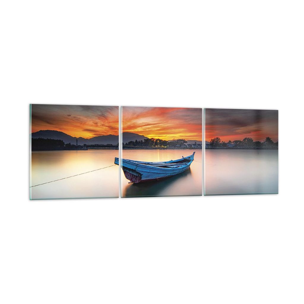 Bilder auf glas - 3 Teile - Westen Sonne Boot - 90x30cm - Glasbilder - Wandbilder - Bilder - zum Aufhängen bereit - Wanddekoration aus Glas - Glas...