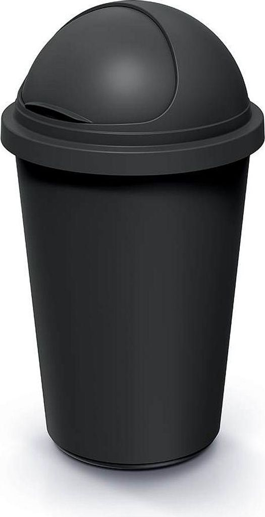 A black trash can with a dome lid.