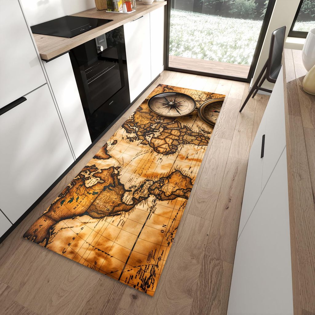 Küchenteppich 90x240cm rutschfest & abwischbar PVC Läufer - Vintage Weltkarte Kompass