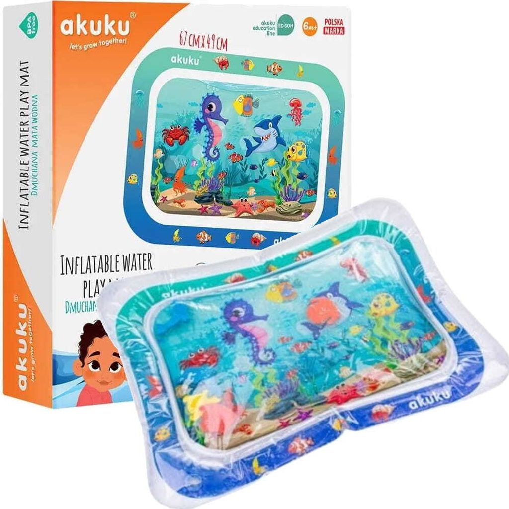 A product box and the inflatable water play mat are shown. The box has graphics and text, while the mat is filled with water and displays a sea creature theme.