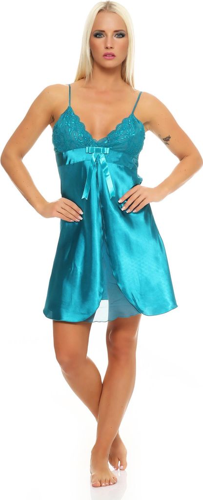Damen kurzes Satin Negligé Nachtkleid Reizwäsche mit Spitze; Türkis/M