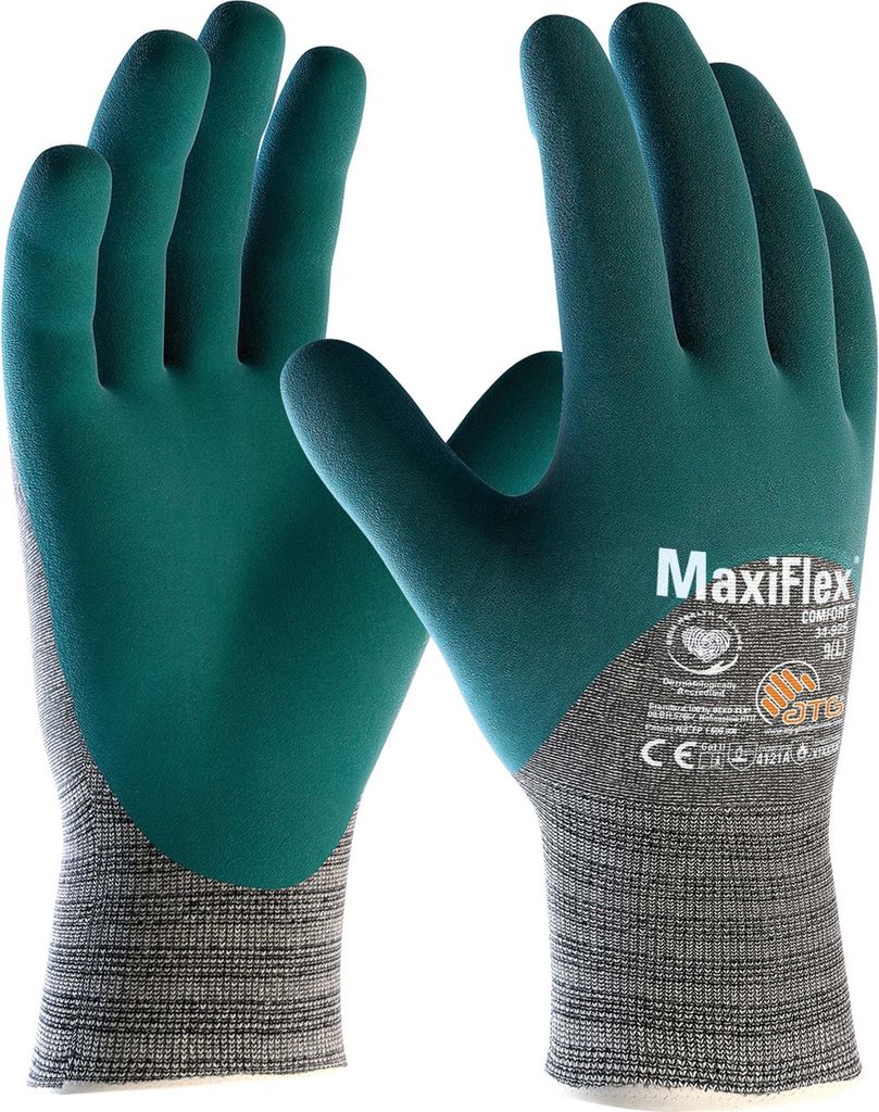 ATG Baumwoll-/Nylon-Strickhandschuhe MaxiFlex Comfort (34-925), Nitril beschichtet, Kat.2, 3/4 beschichtet, hellgrau/blau 2435 , Größe 8 (M)