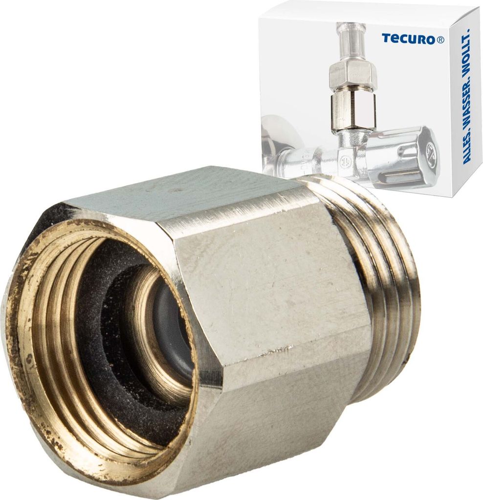 A close-up of a metal fitting with a box in the background showing a similar product.