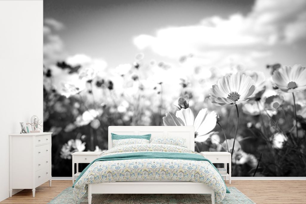 MuchoWow Fototapete für Wohnzimmer oder Schlafzimmer Wandtapete Vinyl Motivtapete Blumen - Wiese - Lila - Gras - Weiß - Wolken - Blau - 525x350...