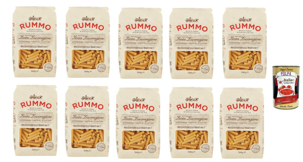 Rummo Maccheroncelli N° 7 Pasta Lenta Lavorazione Teigwaren aus Hartweizengrieß Bronze-Zeichnung 10x 500g + Italian Gourmet polpa 400g