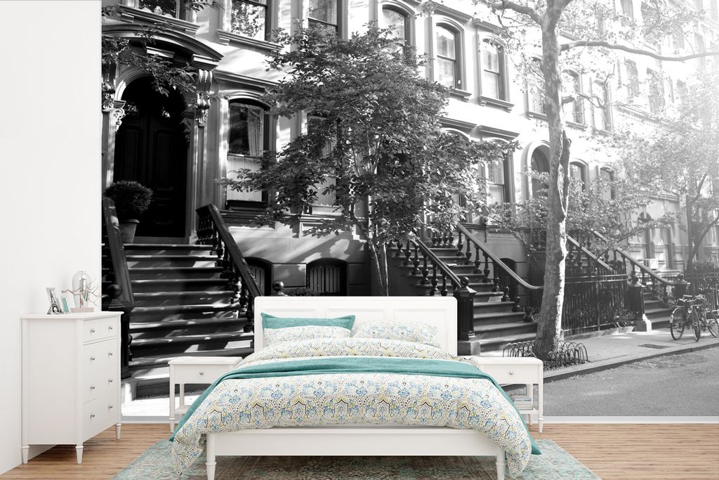 MuchoWow Fototapete für Wohnzimmer oder Schlafzimmer Wandtapete Vinyl Motivtapete Straße in New York City - schwarz und weiß - 450x300 cm - Ge...