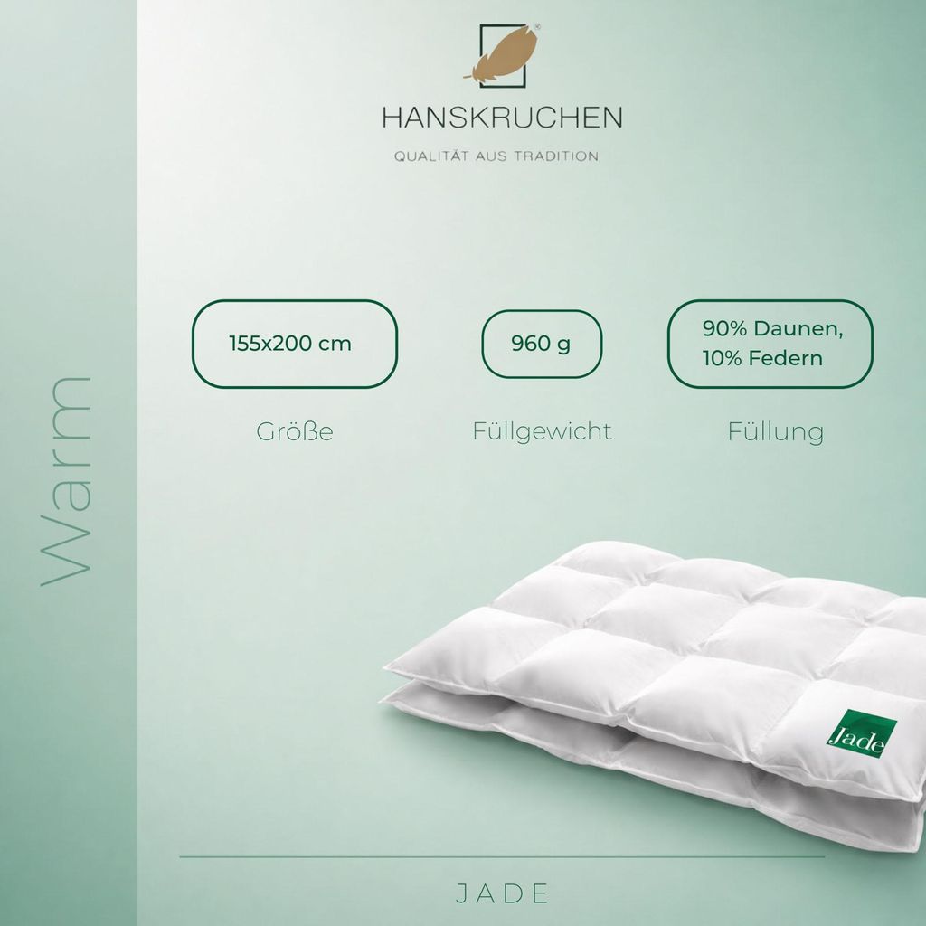 HANSKRUCHEN Jade Daunen Bettdecke 155x200 cm Warm 90% Daunen Decke waschbar Allergiker Winterdecke atmungsaktiv weiss