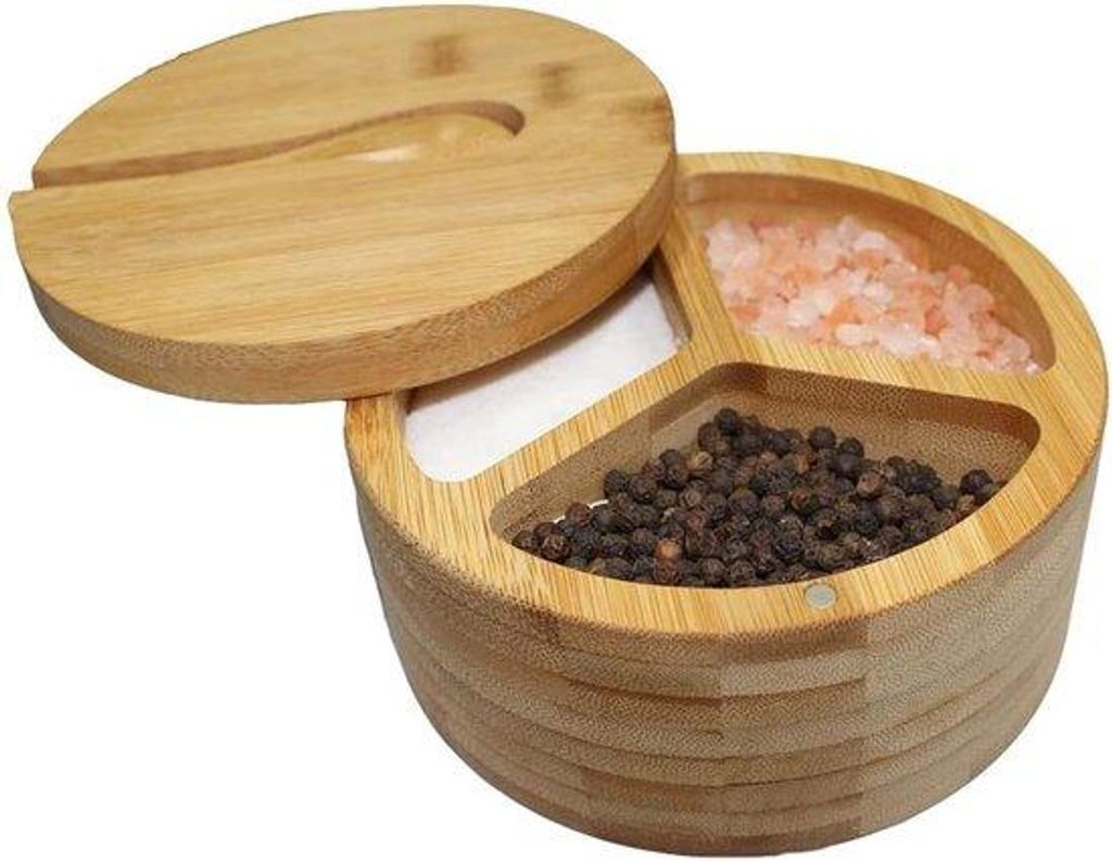 Kräuterbox - 3-Kompartimenten-Salz- und Pfefferbox - Mit Deckel und Löffel - Kräutercontainer für die Arbeitsplatte - 12×12×6cm