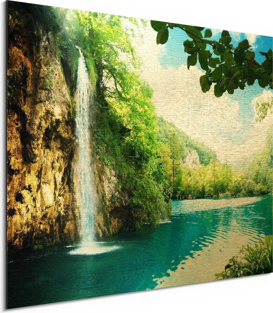 DEQORI Alu-Dibond Bild Gold 40x30 cm 'Wasserfall im grünen Wald' Wandbild Metall dünn