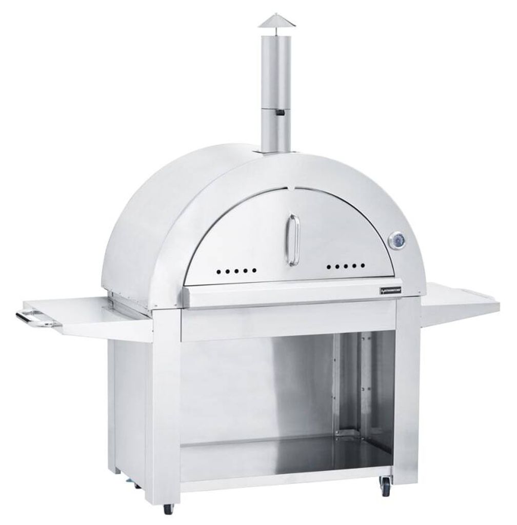 A stainless steel wood-fired pizza oven on a stand with side shelves and a chimney.