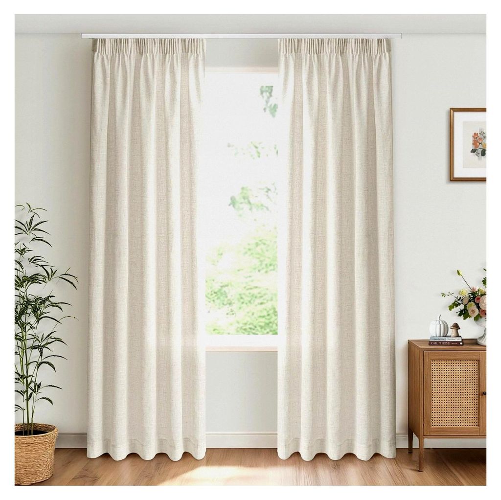 Gardinen mit Kräuselband 2er Set, moderne Wohnzimmergardinen für Schienensystem, halbtransparente Vorhänge in Leinenoptik H 245 x B 140 cm, Natur