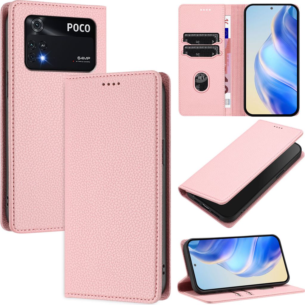 Litchi Leder Handyhülle für Xiaomi Poco M4 Pro 4G Wallet Kartenfächer Standfunktion Hülle Pink