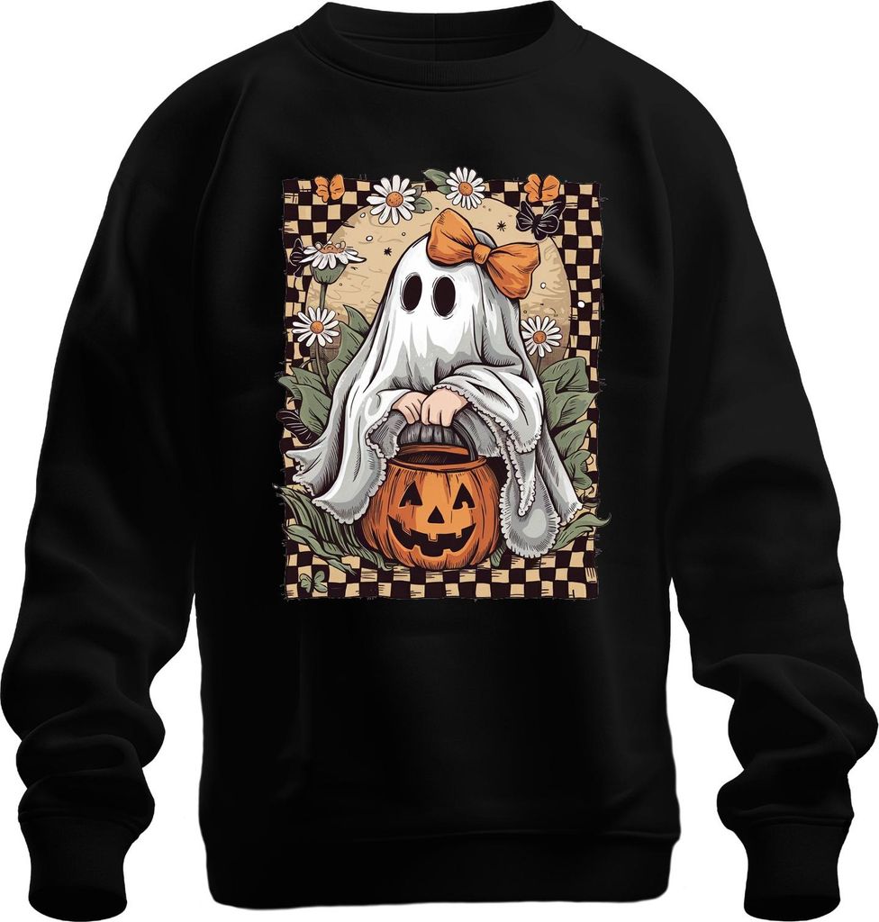 Süßes Gespenst Halloween Kürbis Gänseblümchen Schleife Retro Uni Sweatshirt Pullover, Schwarz, M