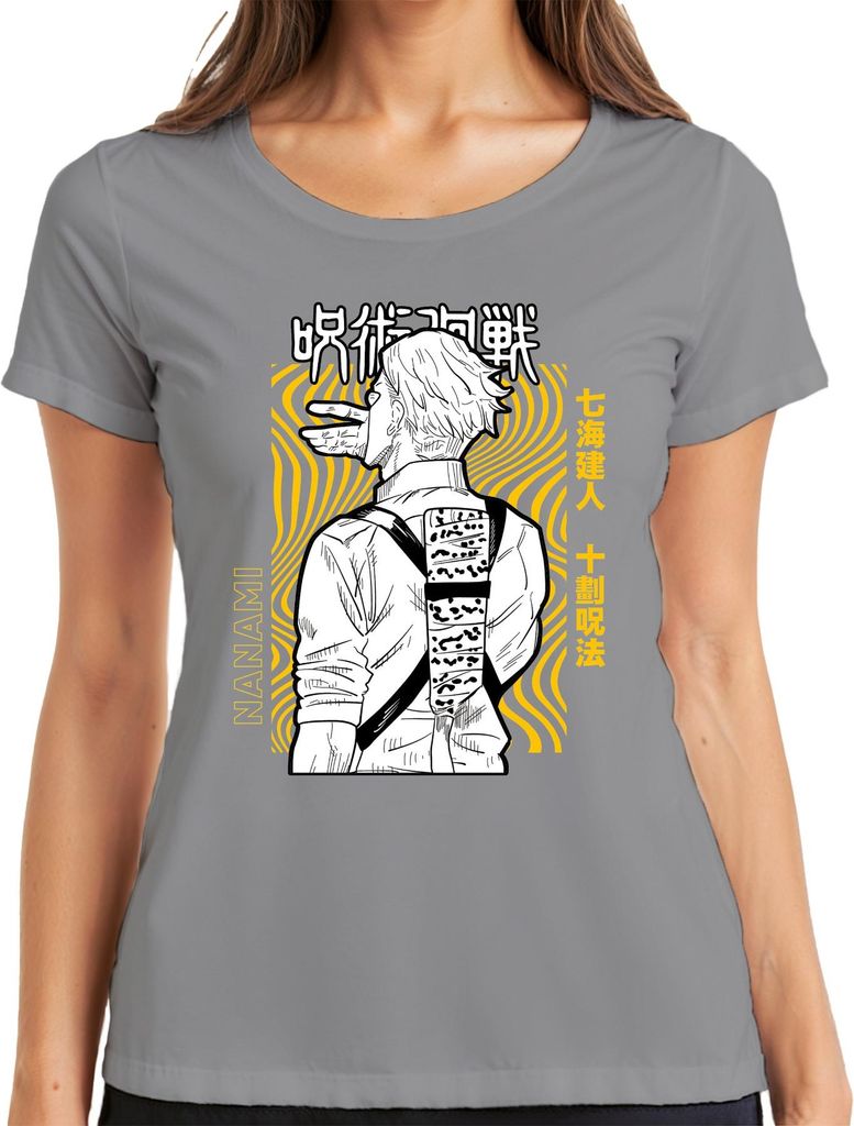 Jujutsu Kaisen Nanami Kento Anime Manga Anzug Retro Gelb Schwarz Damen T-Shirt, Grau, 3XL