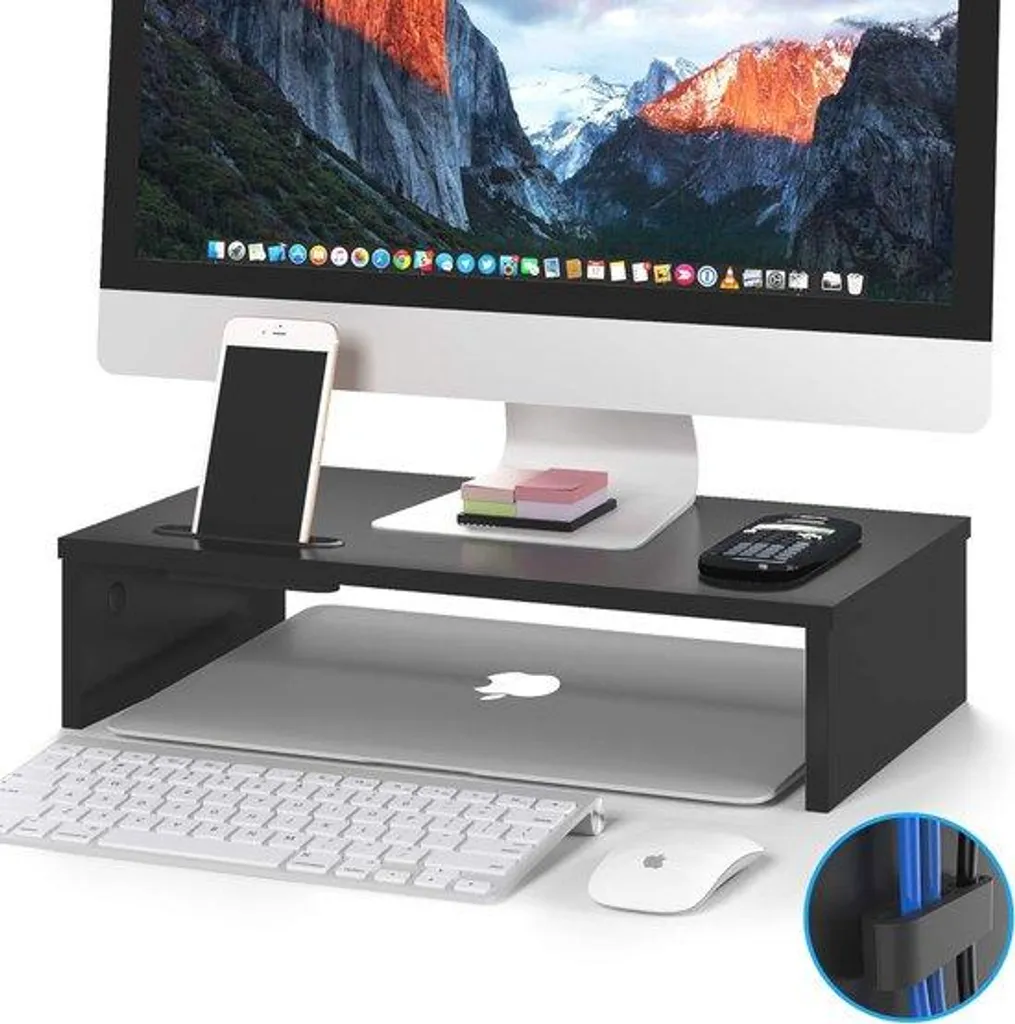 Support pour écran et ordinateur portable en bois noir avec rangement