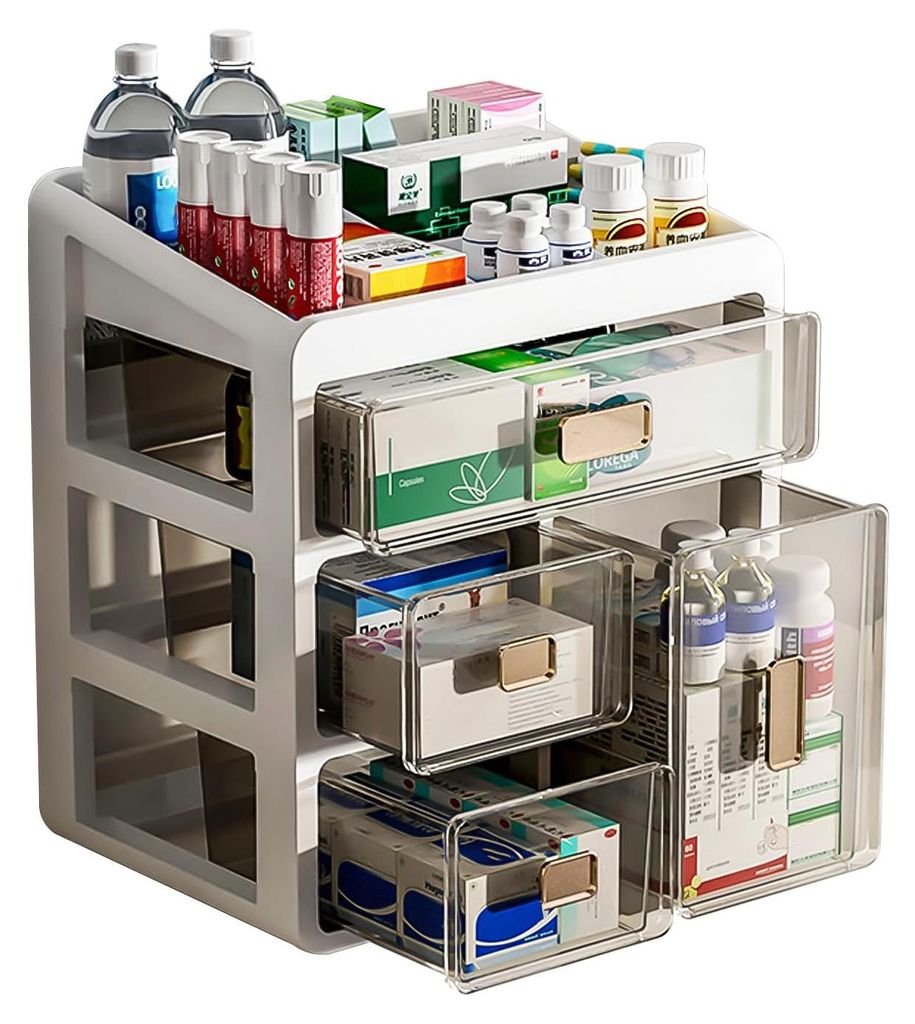 4-stöckiger Medizinschrank-Organizer, Aufbewahrungsbox aus Kunststoff, Medikamentenbox für die ganze Familie, Vitaminbox