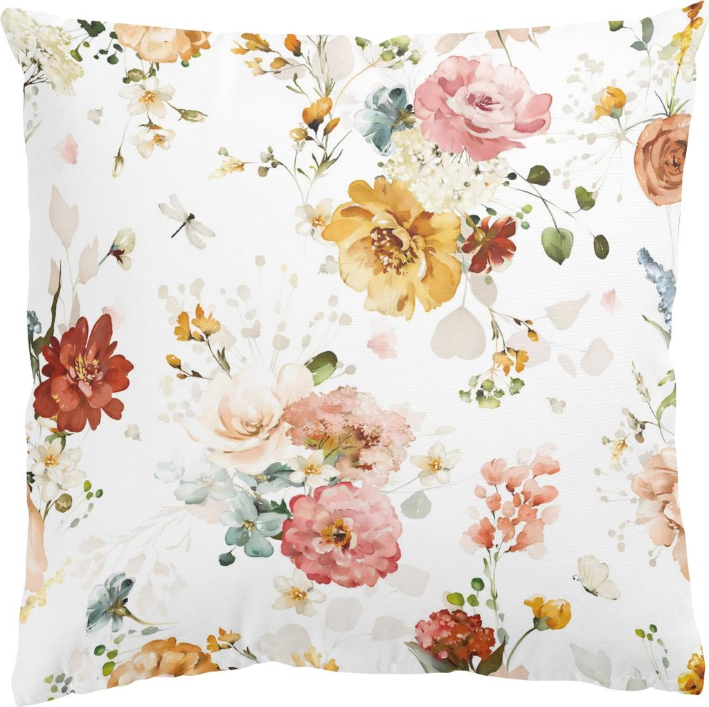 Dekokissen Blumen drinnen / Indoor Zierkissen Samt waschbar Blumenwiese rosa Aquarell Sofakissen mit Füllung