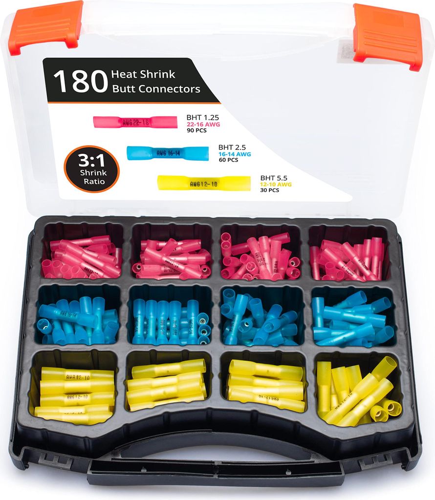 Wirefy Stoßverbinder Kabelverbinder Wasserdicht Set 180 Stück - 3:1 Schrumpfrate Quetschverbinder - Stoßfeste Verbinder Kfz Alternative zu